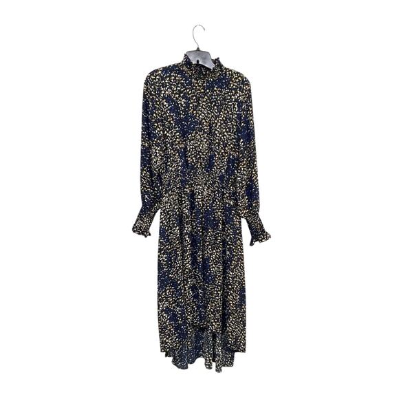 Nanette Lepore Smocked Blue/Yellow Long Sleeve Midi Dress Sz 12 Large High Neck - Picture 2 of 9
